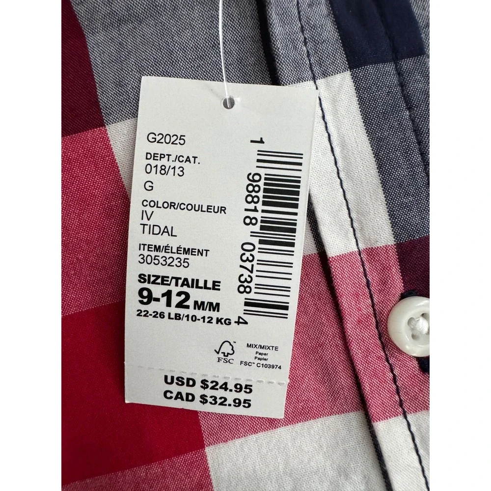 The Childrens Place Boys Red White Blue Plaid Button Down Shirt 9-12M NWT